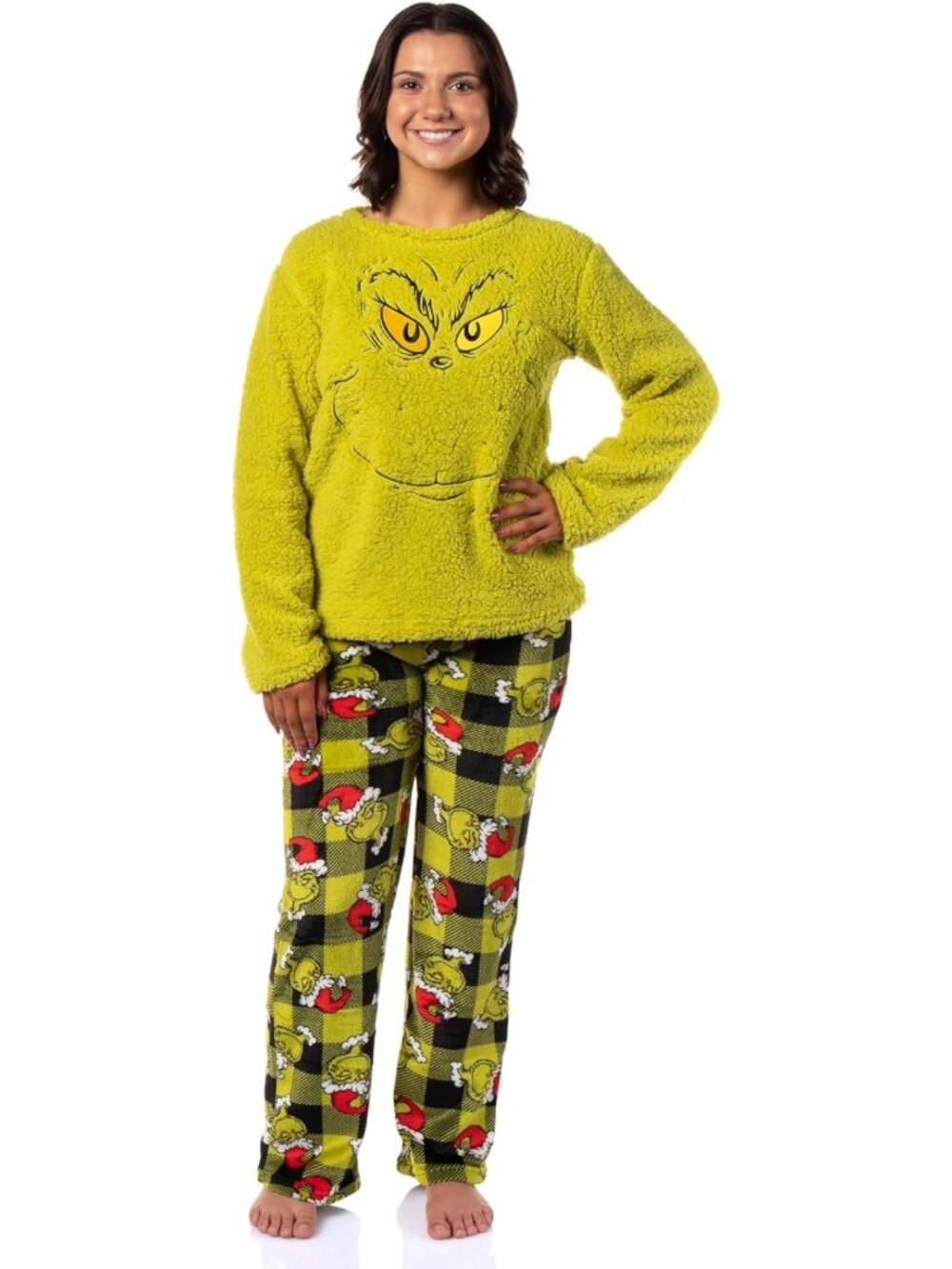 Cozy Women's Grinch Pajama Set | Fleece Buffalo Plaid 2-Piece Sleepwear